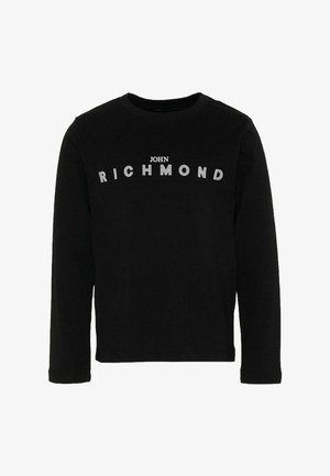Sweat-shirt noir à manches longues avec "JOHN RICHMOND" imprimé en lettres blanches en arc de cercle sur la poitrine.