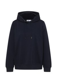 Marineblå pullover hoodie med lange ærmer, snor i hætten, ribbede manchetter og kant, ensfarvet front, label indeni kraven.