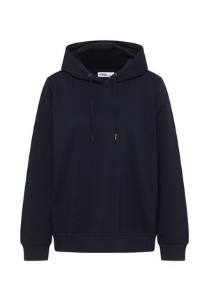 Sweat à capuche bleu marine avec des manches longues, cordon de serrage à la capuche, poignets et ourlet côtelés, devant uni, étiquette à l'intérieur du col.