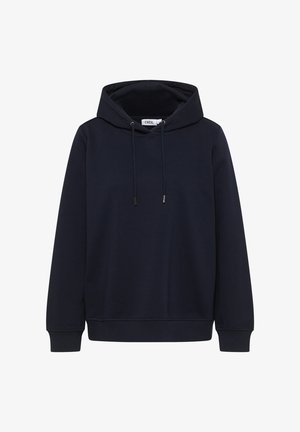 Tummansininen vetoketjullinen huppari, jossa on pitkät hihat, nauhakuosi huppuun, ribbireunukset hihoissa ja helmassa, sileä etupuoli, etiketti kauluksessa.