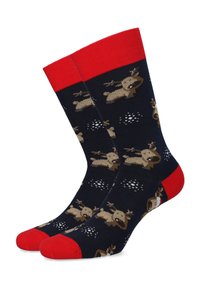 Granatowe skarpetki z czerwonymi mankietami i palcami; posiadają wzór reniferów i śnieżynek. Wykonane z materiału skarpetowego, o miękkiej teksturze i trwałej konstrukcji.