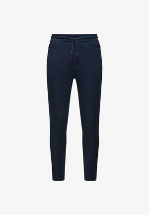 Marineblauwe joggingbroek van een zachte, gestructureerde stof met een trekkoord in de taille, taps toelopende benen en zijzakken met ritssluitingen.