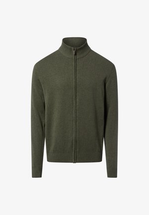 Olive green zip-up sweater with a ribbed high collar and cuffs, made from a soft fabric, featuring a smooth texture and minimal design.