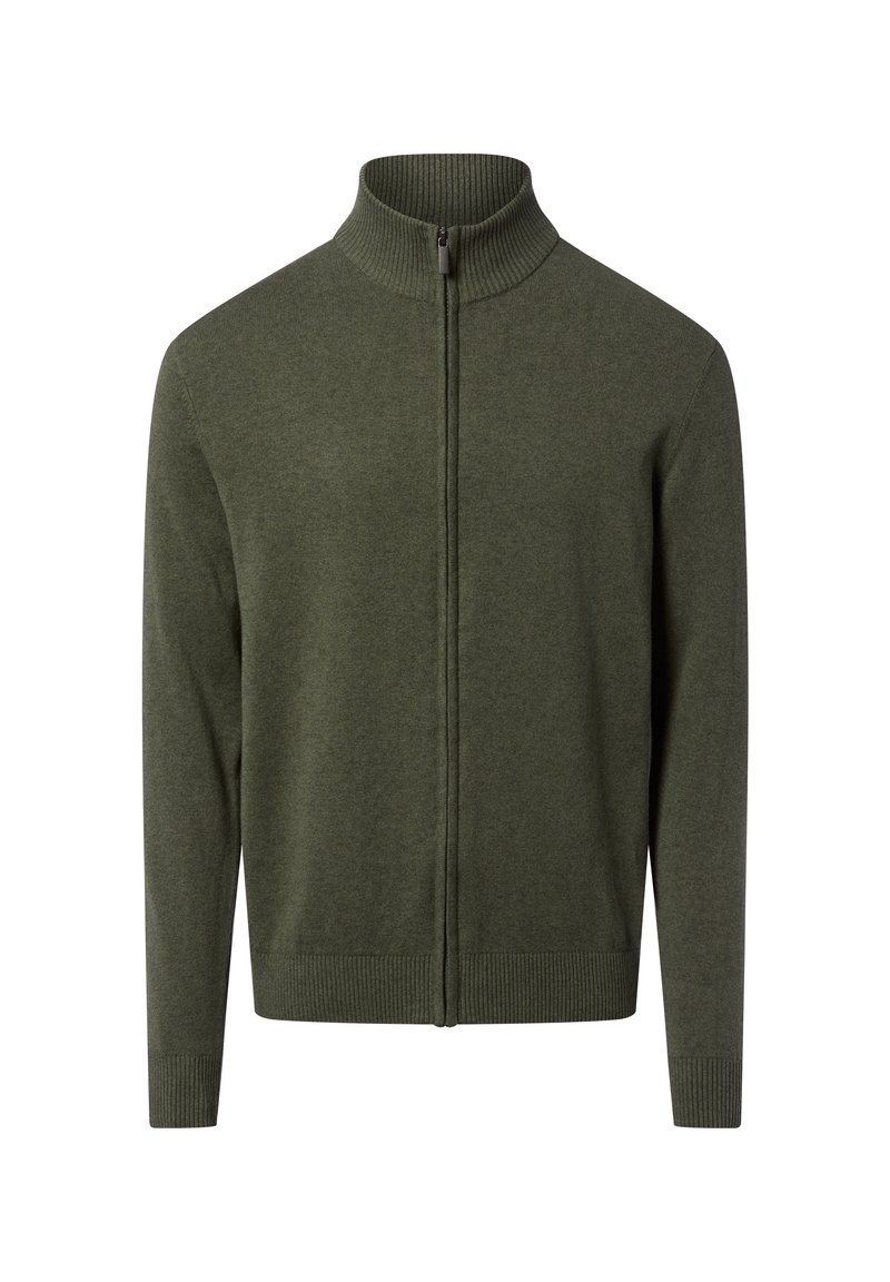 Olijfgroene trui met ritssluiting, een geribde hoge kraag en manchetten, gemaakt van een zachte stof met een gladde textuur en een minimalistisch ontwerp.