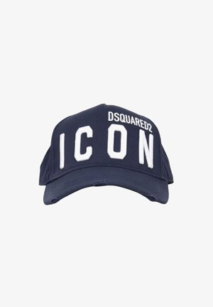 Cappellino da baseball blu navy con "DSQUARED2" e "ICON" ricamati in bianco. Presenta una visiera curva e una cintura regolabile sul retro.