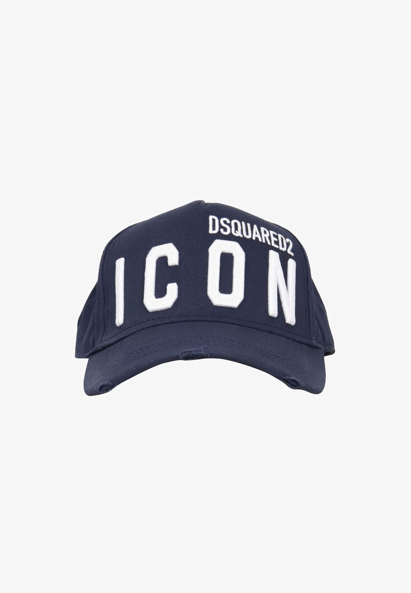 Casquette de baseball bleu marine avec "DSQUARED2" et "ICON" brodés en blanc. Elle présente une visière courbée et une sangle ajustable à l'arrière.