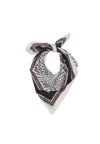 Pañuelo de seda con forma triangular, presenta un patrón en blanco y negro con texto, bordeado por un borde oscuro y una textura sutil.