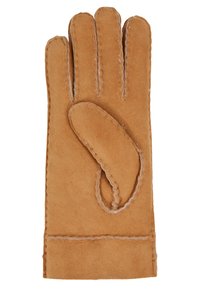 Guanto in suede marrone con dettagli cuciti. Design a quattro dita, palmo sagomato e texture morbida. Non è visibile alcuna fodera.