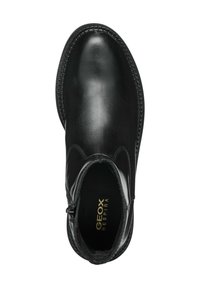 Black leather ankle boot with a rounded toe, side zipper, textured stitching, and a cushioned insole featuring "GEOX RESPIRA" branding.