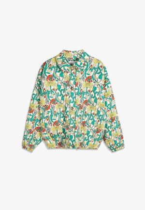 Kinderjack met lange mouwen en knopen, bedrukt met een geel, rood en groen bloemen- en bladmotief op een witte achtergrond.