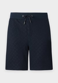 Pantalones cortos azul marino con un patrón texturizado, cinturilla elástica y cordón. Presenta bolsillos laterales y un ajuste holgado para mayor comodidad.