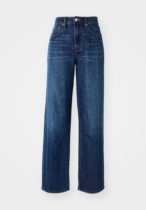 Dark blue denim jeans with a high waist, wide-leg design, front and back pockets, and subtle fading. Metal hardware on the waistband.