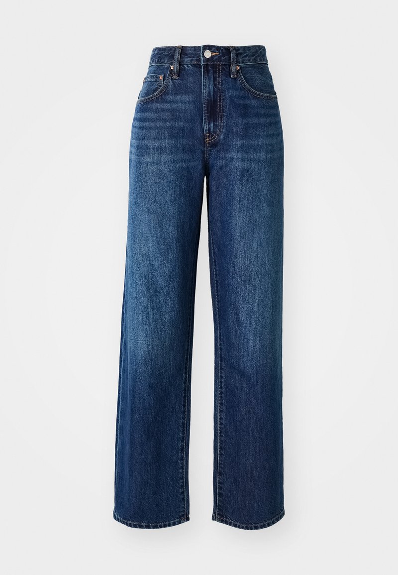 Dunkelblaue Jeans aus Denim mit hoher Taille, weiter Beinform, Vorder- und Gesäßtaschen und dezenten Ausbleichungen. Metallbeschläge am Bund.