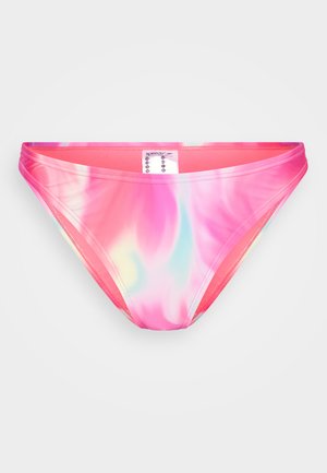 Vibrant pink bikinio dugnas su raštu, imituojančiu tinklelio efektą, su mėlynos ir geltonos spalvų atspalviais. Pagaminta iš lygaus, tampraus audinio.