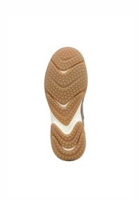 Schoenzool met een gestructureerd rubberen ontwerp met een zigzagpatroon in bruin en crème, gelabeld met "VIONIC" nabij de hak.