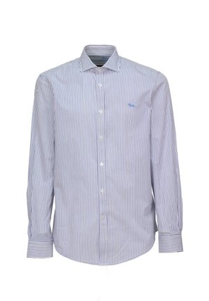 Camisa de vestir a rayas con un patrón azul y blanco, de mangas largas, con cierre de botones en la parte frontal y un pequeño logo azul en el área del pecho izquierdo.