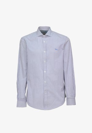 Gestreiftes Hemd mit blau-weißer Musterung, langen Ärmeln, Knopfleiste vorne und einem kleinen blauen Logo auf der linken Brust.