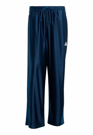 Marineblaue Sporthose aus glattem, leichtem Stoff, mit elastischem Bund und Kordelzug sowie einem weißen Logo an der Seite.