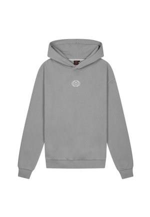 Grauer Kapuzenpullover mit langen Ärmeln und kleinem weißem rundem Logo auf der Brust, vor weißem Hintergrund abgebildet.