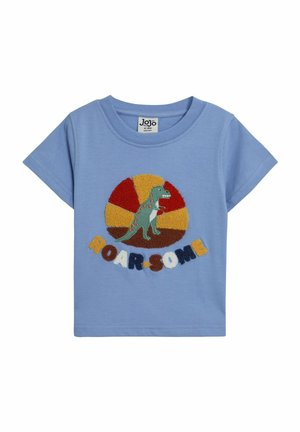 T-shirt en coton bleu avec un dinosaure brodé et un motif circulaire coloré, accompagné du texte "ROAR-SOME" en dessous du graphique.