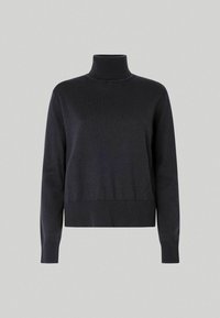 Pullover noir à col roulé en tissu tricoté, avec des manches longues, une silhouette ajustée et un ourlet et des poignets côtelés. Pas de motifs visibles.