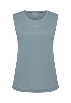 Top atletico senza maniche, grigio chiaro, texture liscia, scollatura arrotondata, logo del marchio sul petto, vestibilità leggermente ampia, orlo che arriva ai fianchi.