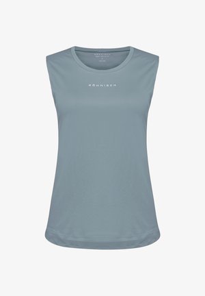 Top atletico senza maniche, grigio chiaro, texture liscia, scollatura arrotondata, logo del marchio sul petto, vestibilità leggermente ampia, orlo che arriva ai fianchi.