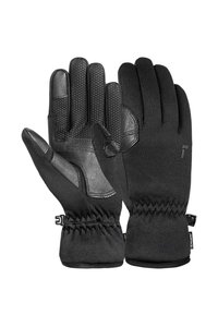 Schwarze Handschuhe aus einer Kombination von strukturiertem Stoff und Lederakzenten. Verstellbarer Handgelenksverschluss und verstärkte Handfläche für Haltbarkeit.