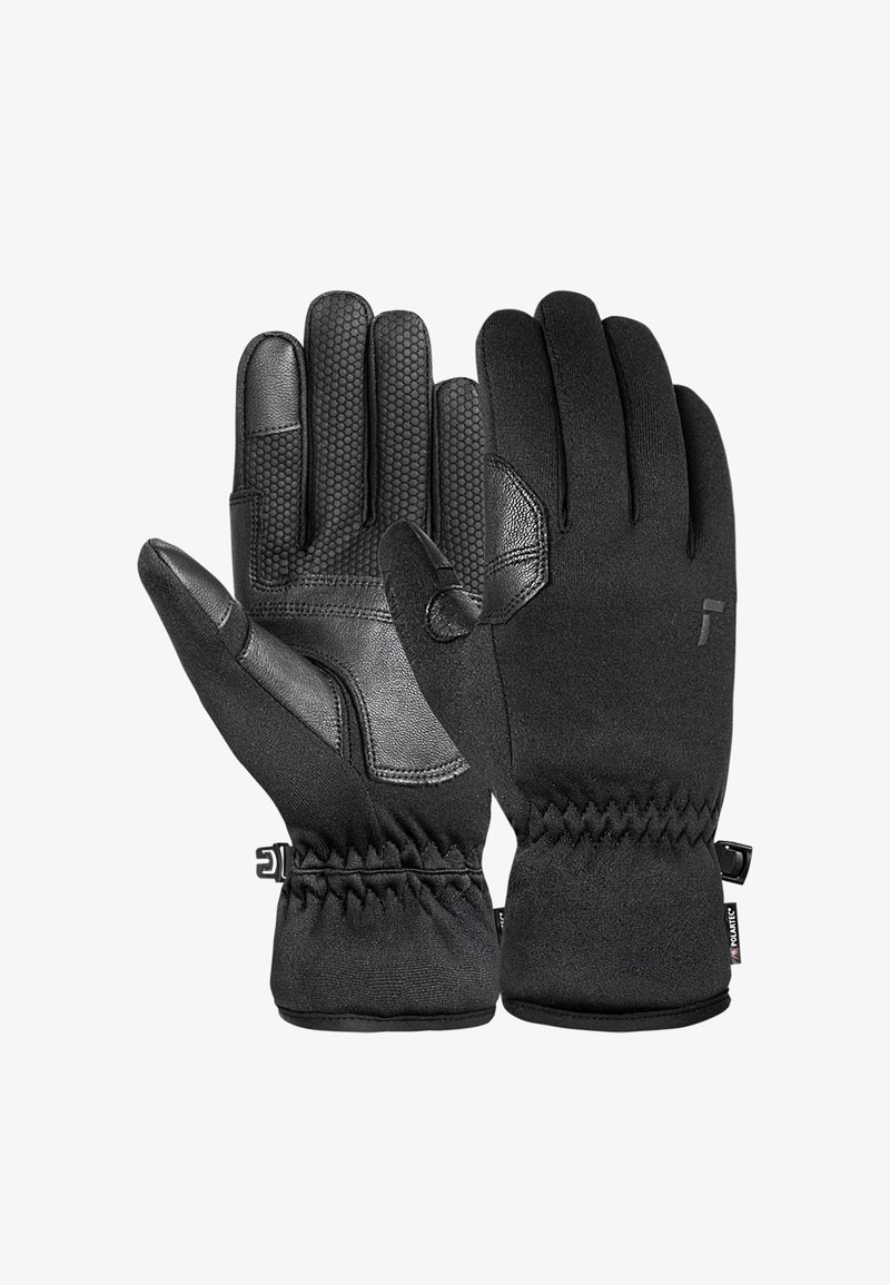 Schwarze Handschuhe aus einer Kombination von strukturiertem Stoff und Lederakzenten. Verstellbarer Handgelenksverschluss und verstärkte Handfläche für Haltbarkeit.