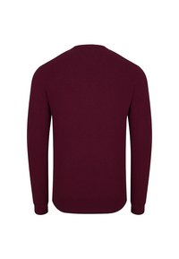 Burgundowa swetrowa bluzka z długimi rękawami, okrągłym dekoltem oraz prążkowanymi mankietami i dolnym obszyciem. Gładka tekstura w jednolitym kolorze, bez wzorów.