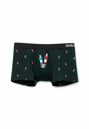 Dunkelgrüne Boxershorts mit bunten Grafiken von Fußballspielern und kleinen Flaschendesigns. Schwarzer Bund mit dem Aufdruck "GOALS." Weicher, elastischer Stoff.