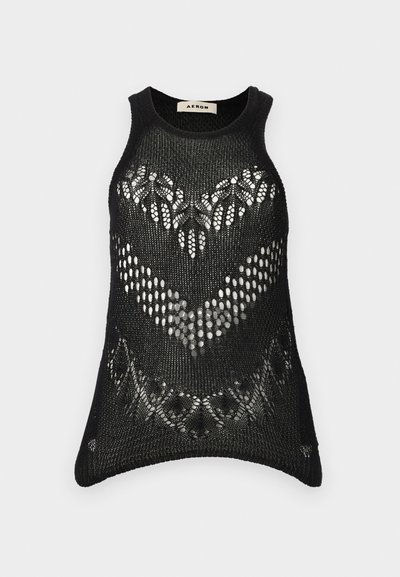 Czarny dzianinowy top na ramiączkach z bezrękawowym fasonem. Posiada otwarty splot i falbaniasty dół. Metka z napisem "AERON."
