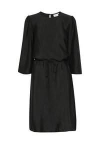 Robe noire avec des manches bouffantes trois-quarts, en tissu texturé, encolure ronde, taille avec cordon de serrage et fermeture éclair au dos.