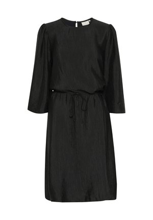 Černé šaty se třičtvrtinovými nabíranými rukávy, texturovaným materiálem, kulatým výstřihem, stahovací páskou v pase a zadním zipem.