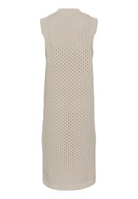 Beiges ärmelloses Strickkleid mit Lochmuster, geripptem Halsauschnitt und Saum. Leichte und luftige Textur, mittellanges Design.