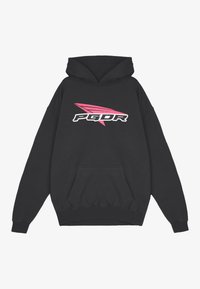 Felpa nera con cappuccio e tasca frontale, caratterizzata da un logo bianco e rosa 'PGDR' e un elemento di design che assomiglia a delle ali. Tessuto morbido, vestibilità comoda.