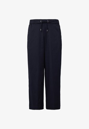 Temno modri skrajšani hlače iz lahkega materiala. Imajo elastičen pas z vrvico in kovinskimi luknjicami. Preprost, poenostavljen dizajn.