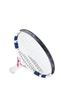Tennisketsjer med en hvid ramme, blå detaljer og sort greb; har en tekstureret overflade og standard strengmønster for ydeevne.