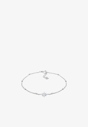 Zilveren armband met een stervormige hanger voorzien van een centrale edelsteen, verbonden met een delicate ketting met kleine kralen en een sluiting.