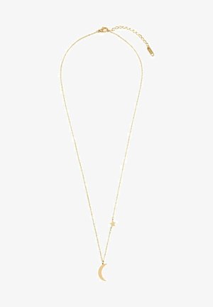 Collar en tono dorado con una cadena delicada. Presenta un colgante de luna creciente y estrella. Textura suave, diseño minimalista, longitud ajustable.
