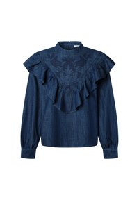 Camicia di jeans di colore blu scuro con colletto alto, spalle arricciate e ricamo floreale sul petto. Maniche lunghe con polsini aderenti.