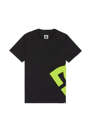 Czarny bawełniany t-shirt z wyrazistym neonowozielonym wzorem graficznym na dolnej prawej stronie, krótkie rękawy i klasyczny okrągły dekolt.