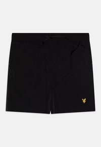 Čierne plavky vyrobené z ľahkého materiálu, s elastickým pásom na šnúrku a malým žltým logom v pravom dolnom rohu.