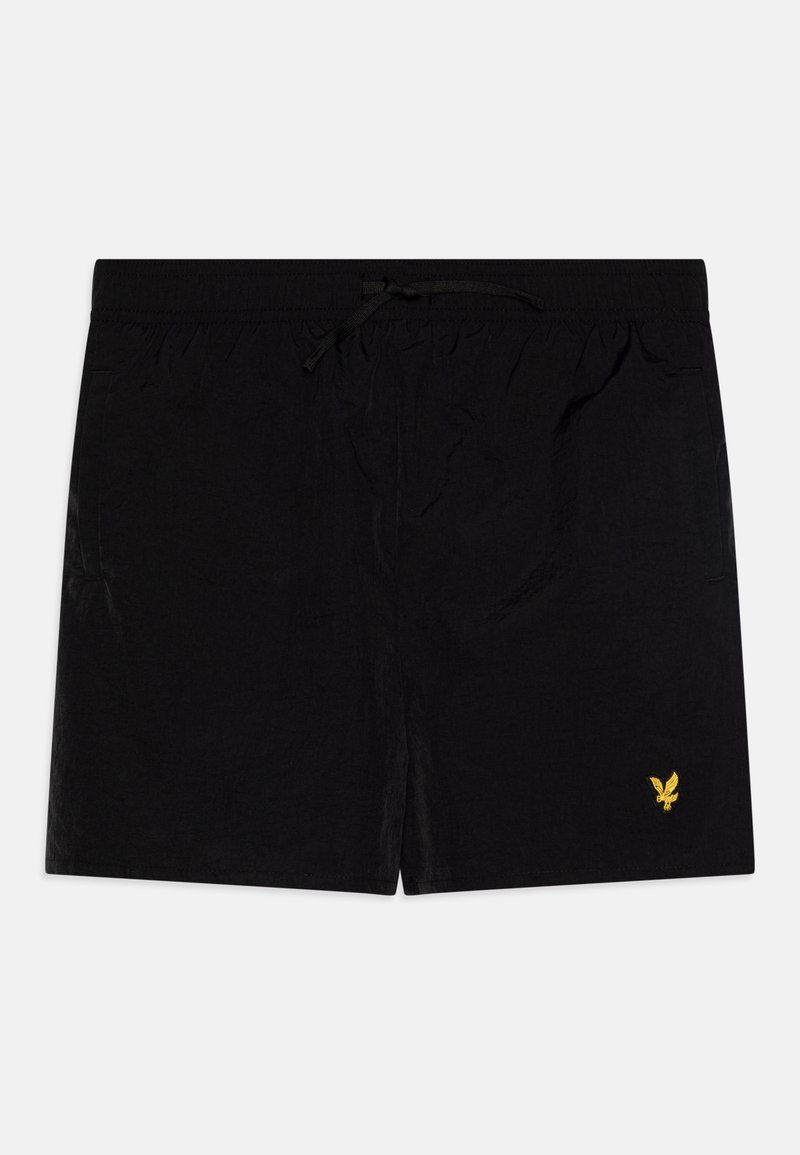 Čierne plavky vyrobené z ľahkého materiálu, s elastickým pásom na šnúrku a malým žltým logom v pravom dolnom rohu.