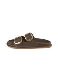 Brown slide sandal made of synthetic material, featuring two large gold buckle accents, a flat sole, and a smooth texture.