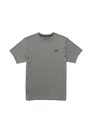 Gray short-sleeve athletic shirt made from a smooth, lightweight fabric. Features a crew neckline and a subtle logo on the chest.