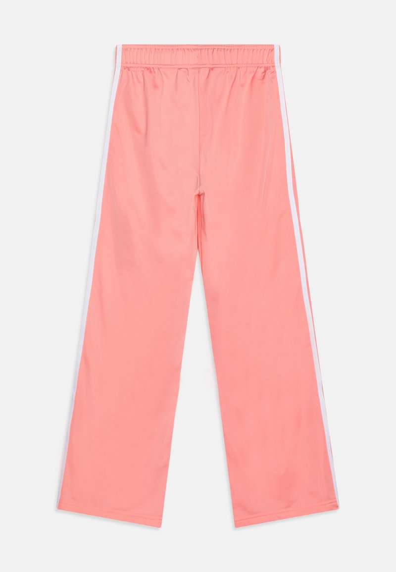 Jasnoróżowe spodnie w szerokim kroju z gładkiej tkaniny, z białymi bocznymi paskami i elastycznym pasem dla wygody.