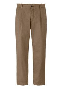 Pantaloni marroni chiari con taglio dritto, con pieghe, chiusura con bottone frontale e passanti per cintura. Realizzati in un tessuto morbido e resistente.