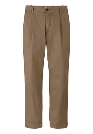 Hellbraune Hosen mit geradem Schnitt, mit Falten, einem vorderen Knopfverschluss und Gürtelschlaufen. Hergestellt aus weichem, strapazierfähigem Stoff.