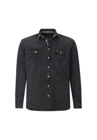 Dunkelblaue Jeanshemd mit langen Ärmeln, durchgehender Knopfleiste, zwei Brusttaschen und weißen Knöpfen. Verfügt über einen gelben Akzent im Krageninneren.